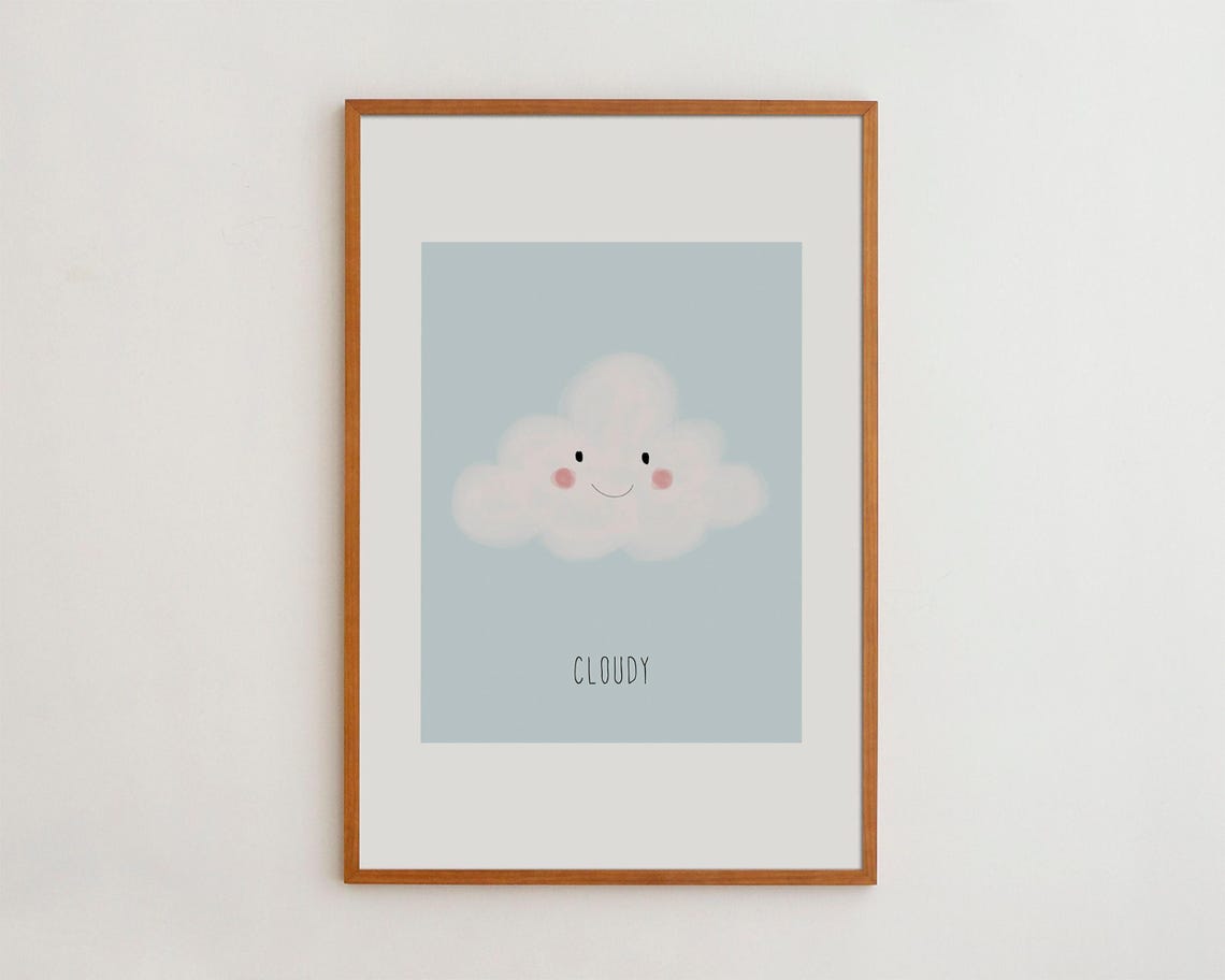 Cloudy Kids Print Nursery Room Poster Hand Drawn Watercolor Painting Cloud Wall Art Print Gift For Kids Physically Printed Product