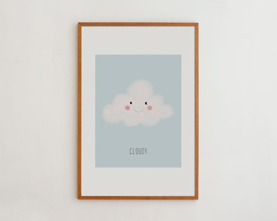 Cloudy Kids Print Nursery Room Poster Hand Drawn Watercolor Painting Cloud Wall Art Print Gift For Kids Physically Printed Product