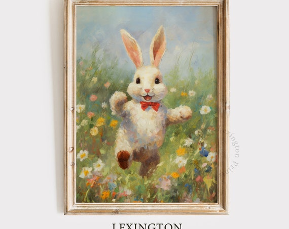Cute Easter Bunny Easter Wall Art Wildflower Field Spring Print Easter Print Rabbit Painting Nursery Decor Bunny Wall Art 594