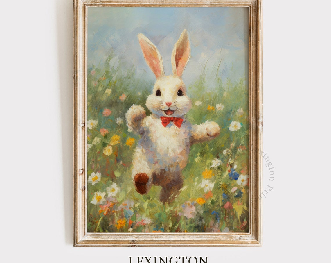 Cute Easter Bunny Easter Wall Art Wildflower Field Spring Print Easter Print Rabbit Painting Nursery Decor Bunny Wall Art 594