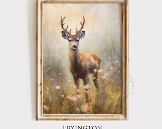 Spring Deer In Wildflower Field Spring Print Deer Painting Vintage Spring Decor Farmhouse Decor Moody Wall Art Fall Decor 586
