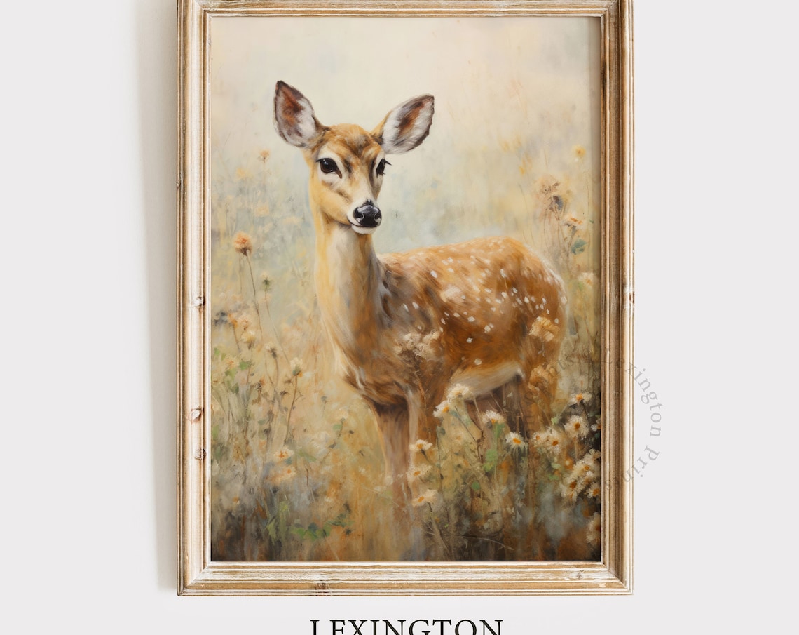 Spring Fawn Wildflower Field Vintage Deer Baby Painting Poster