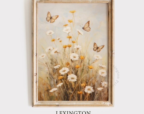 Butterflies Among White Daisies Wildflowers Soft Neutral Botanical Poster
