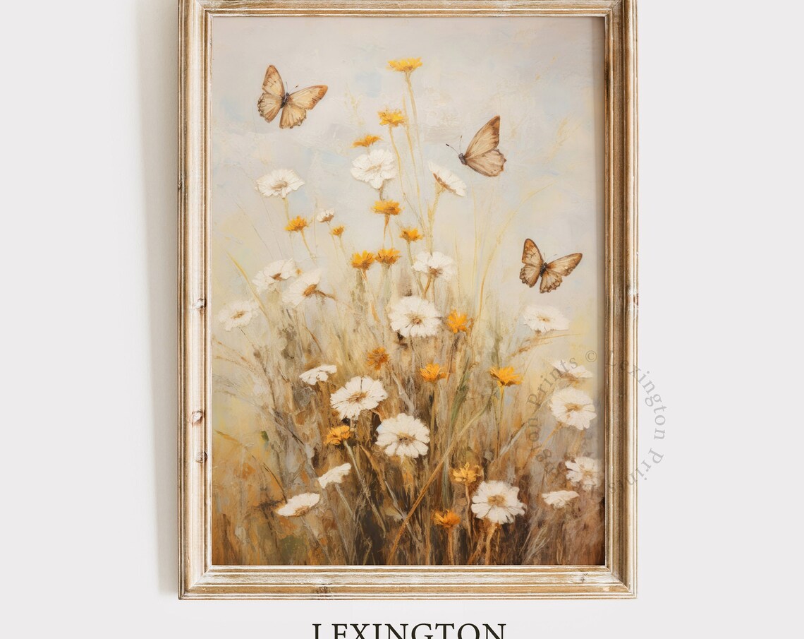 Butterflies Among White Daisies Wildflowers Soft Neutral Botanical Poster