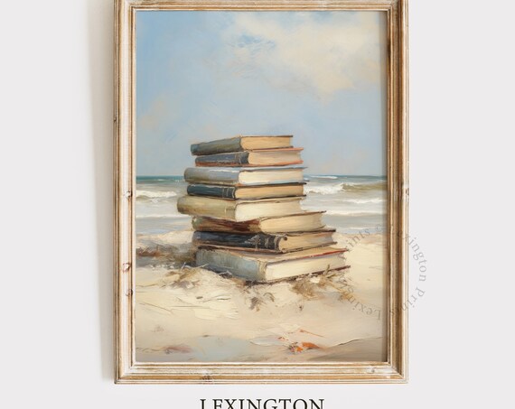 Stack of Vintage Books on Sandy Beach Ocean Painting Wall Art