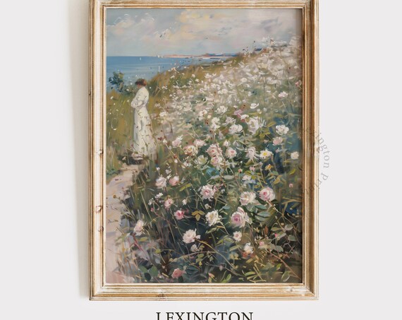 Woman in Rose Garden by the Sea Impressionist Oil Painting Poster
