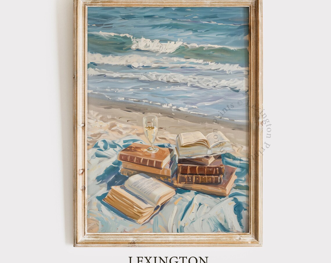 Books and Wine on the Beach Coastal Summer Oil Painting Poster