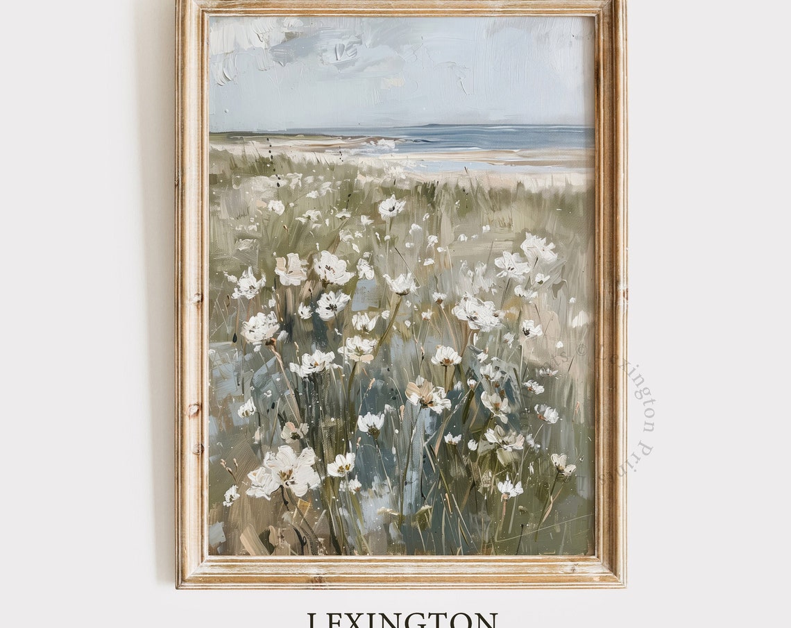 Coastal Wildflower Field with Ocean View Summer Vintage Wall Art