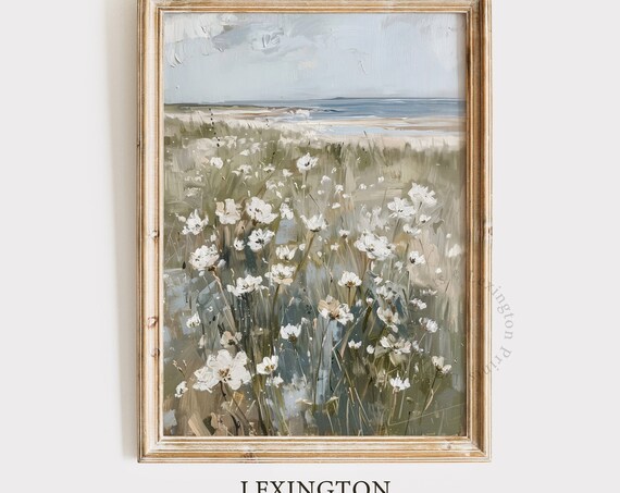 Coastal Wildflower Field with Ocean View Summer Vintage Wall Art