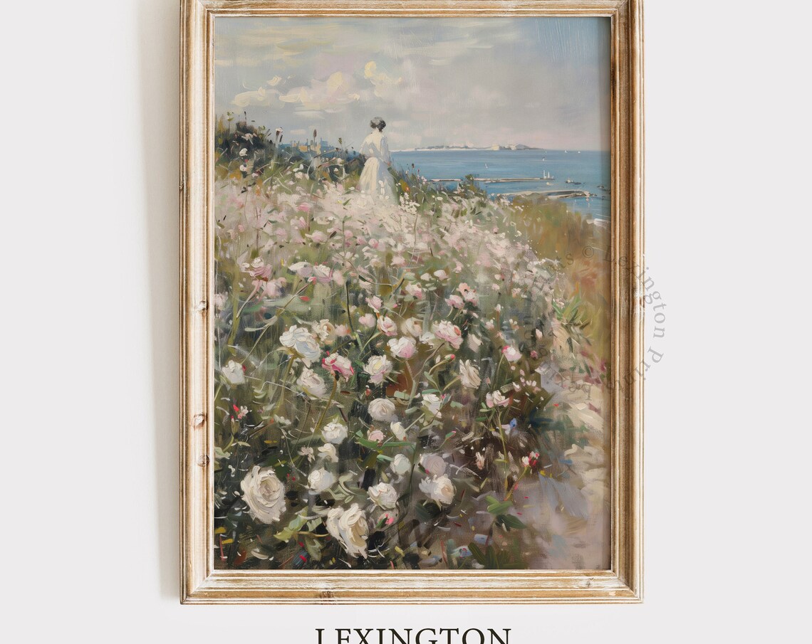 Woman Walking Through Rose Garden by the Sea Romantic Coastal Poster