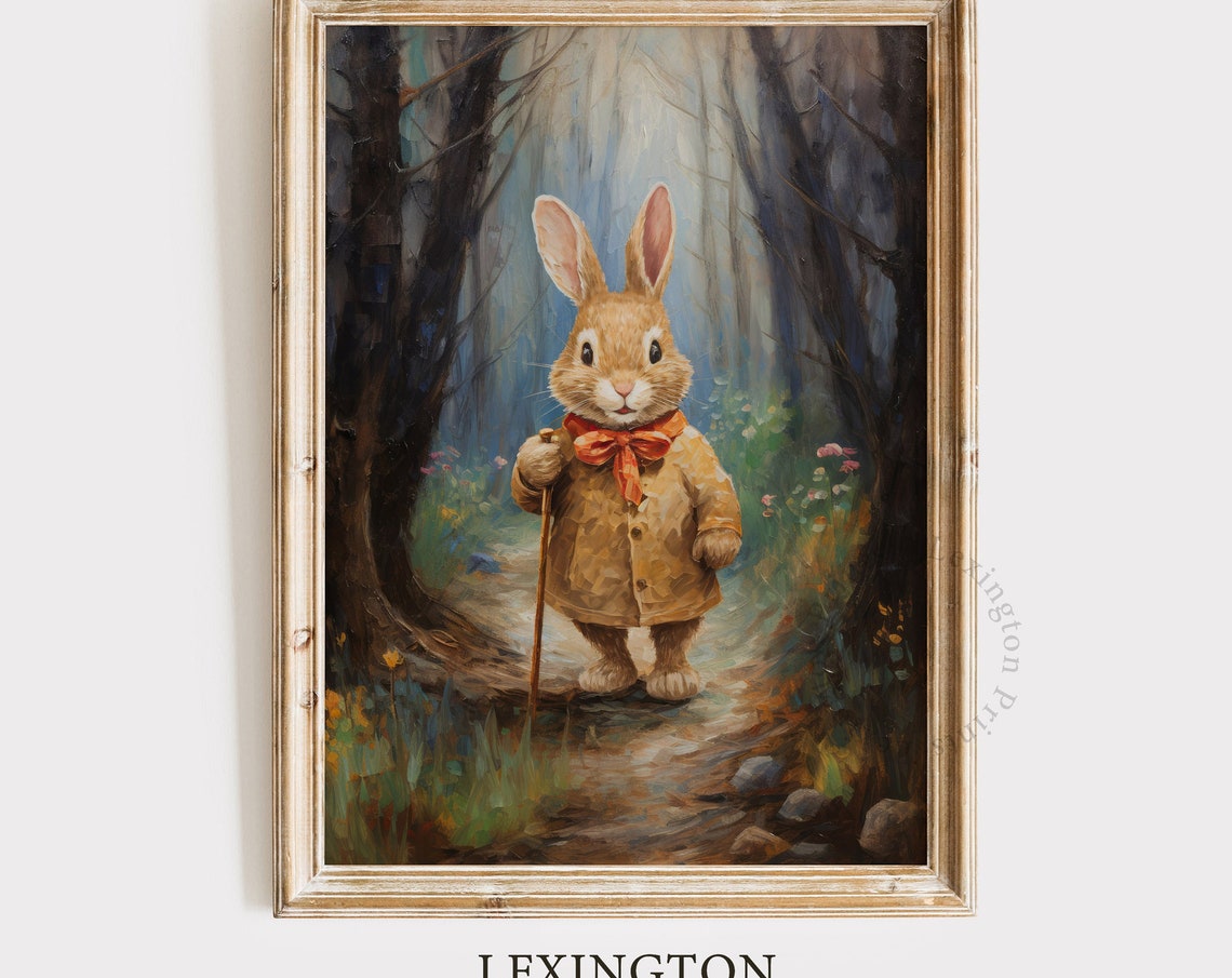 Storybook Bunny Rabbit in Coat on Forest Path Nursery Painting Poster