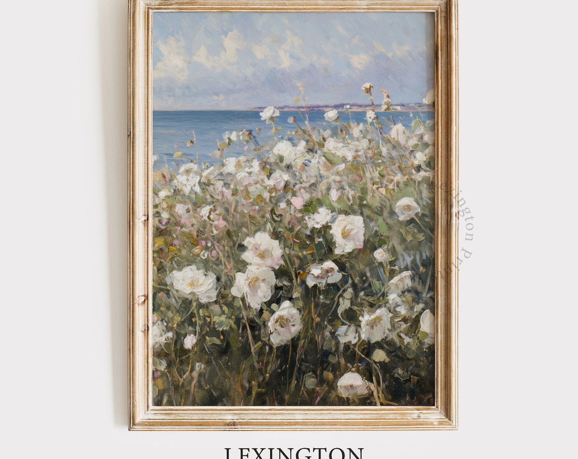 White Wildflowers by the Sea Coastal Summer Vintage Painting Poster - Image 8