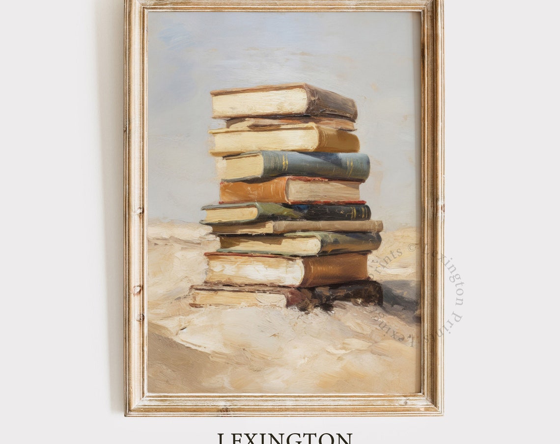 Vintage Stack of Old Books on Beach Sand Book Lover Painting Poster