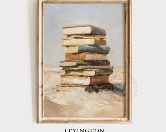 Vintage Stack of Old Books on Beach Sand Book Lover Painting Poster
