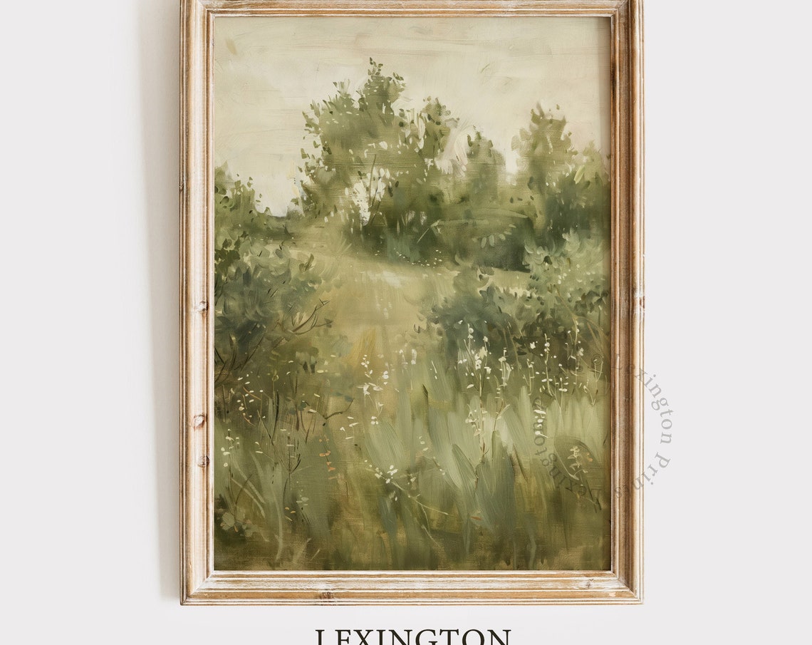 Serene Misty Green Meadow Watercolor Landscape Morning Light Art Print - Image 8