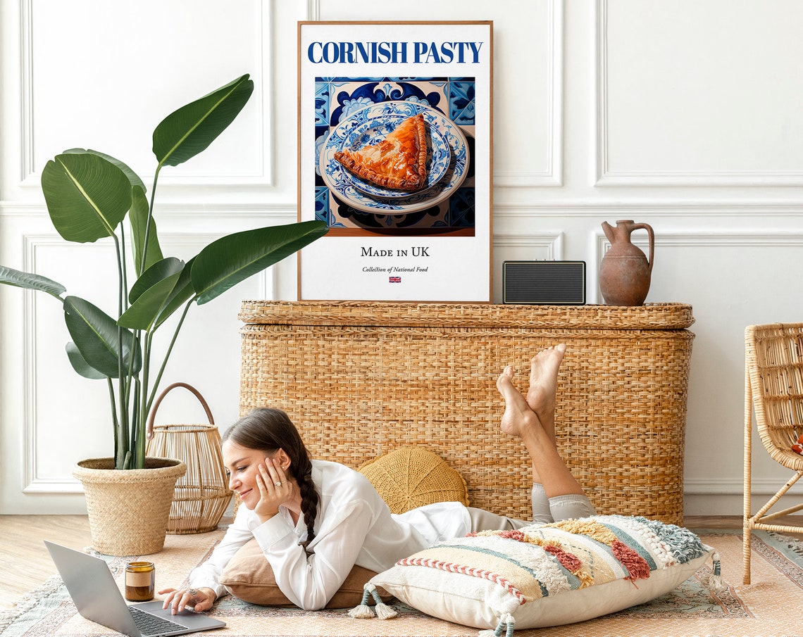 Cornish Pasty on Maiolica Tile Plate, English Food Poster - Image 2