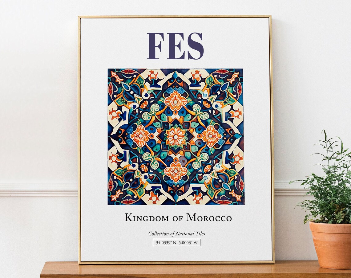Fes Morocco Folk Traditional Tile Art Print, Living Room