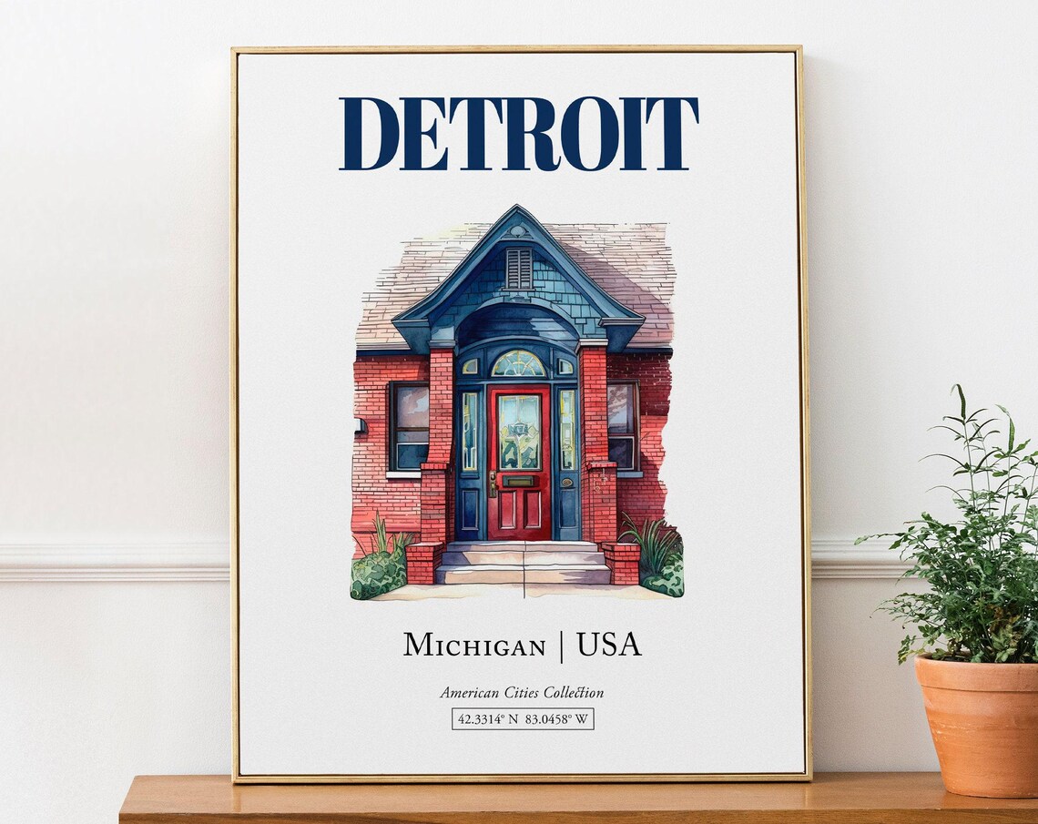 Detroit Michigan Minimalist Watercolor Travel Poster