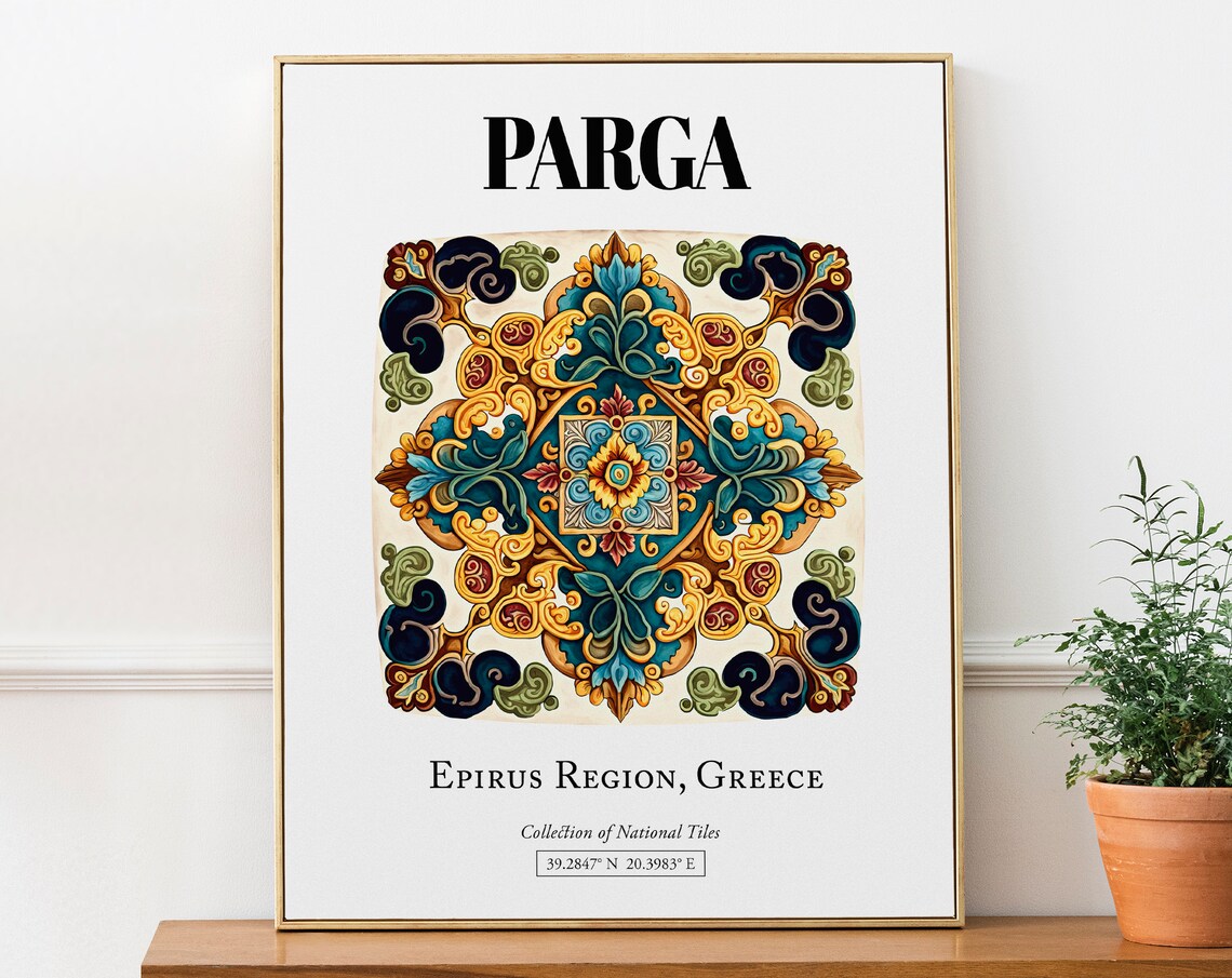 Parga Timeless Tile Pattern Poster, Greek Coastal Beauty