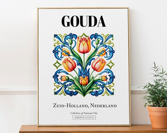 Gouda Netherlands Folk Tile Pattern With Tulips Art Print