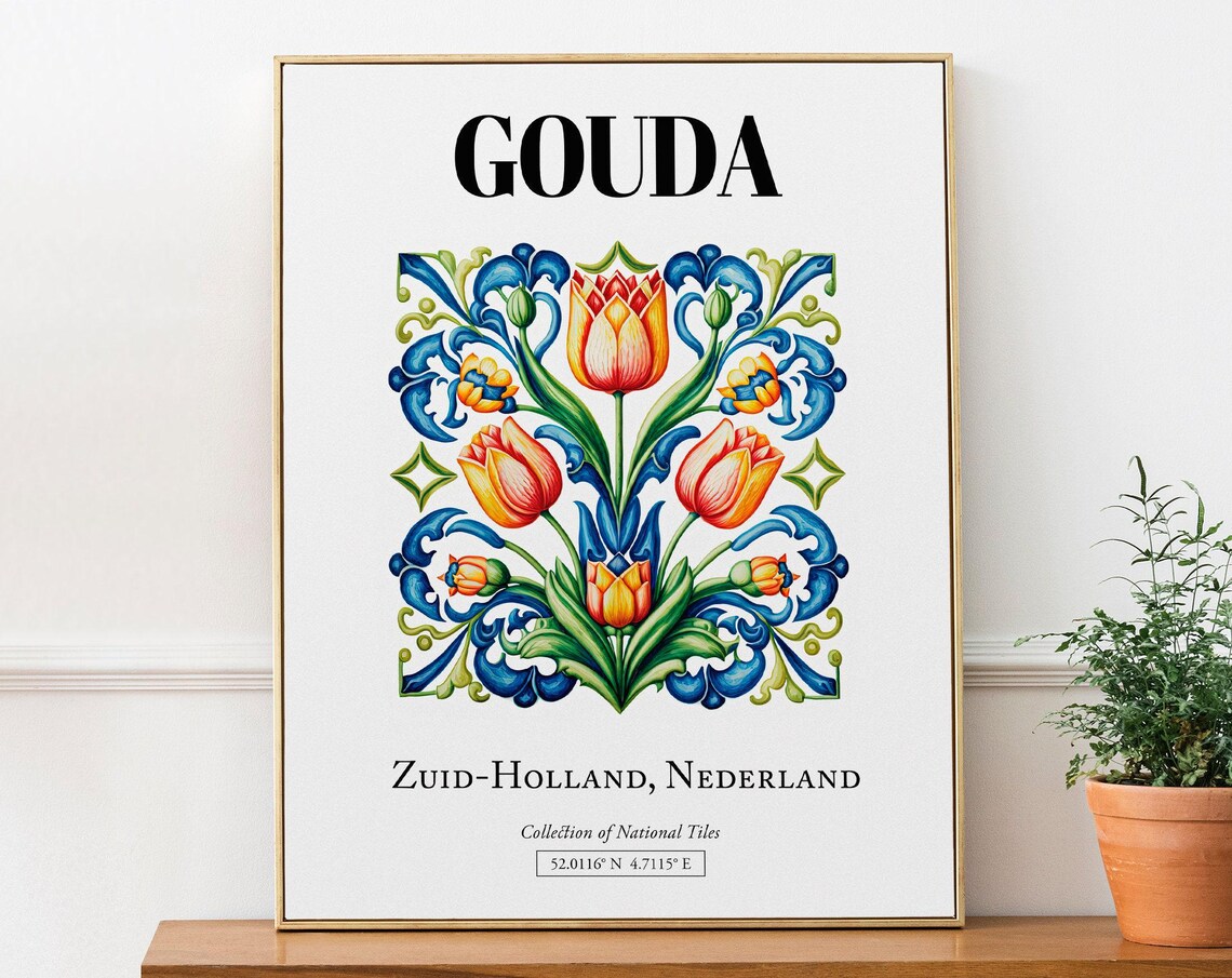 Gouda Netherlands Folk Tile Pattern With Tulips Art Print