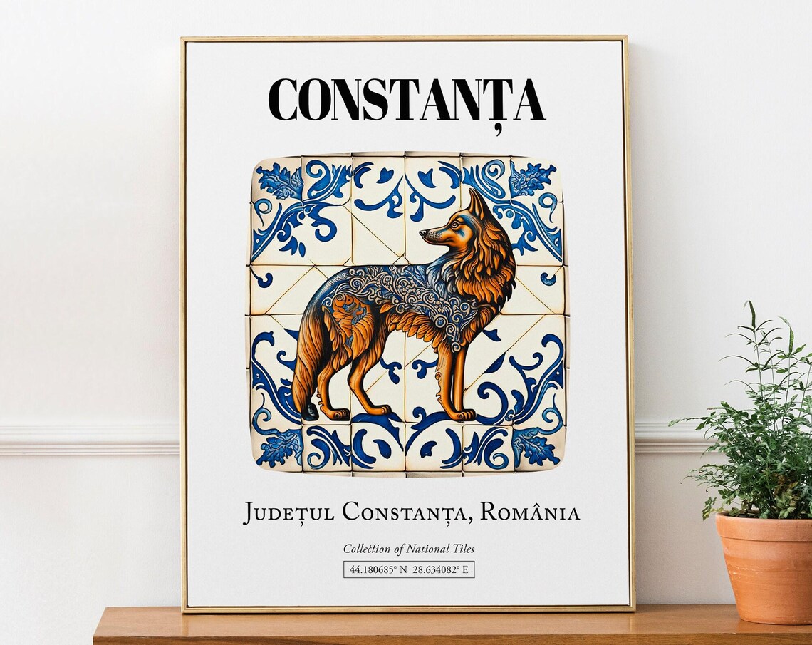 Constana Romania Traditional Blue Tile Wolf Art Print