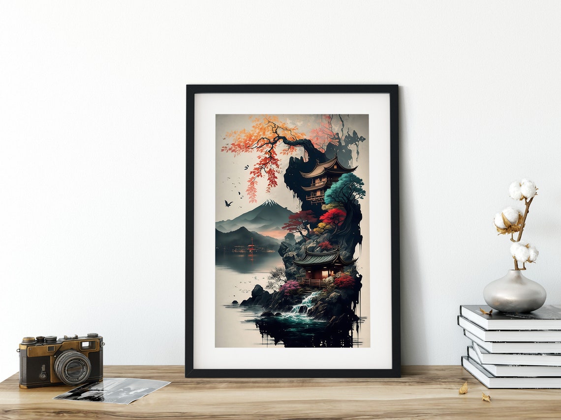 Japanese Watercolor Floating Island Pagoda Mount Fuji Autumn Wall Art - Image 5