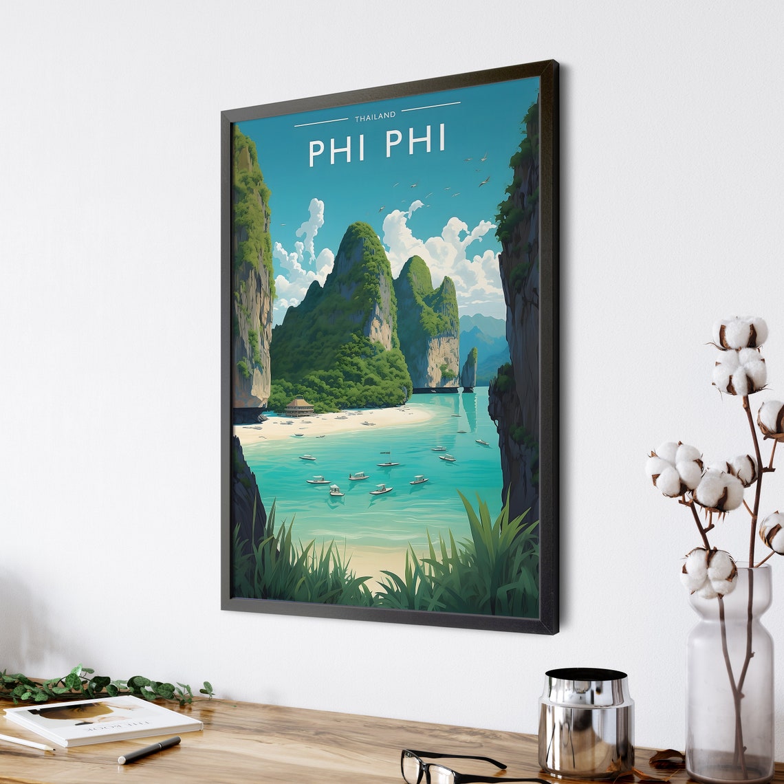 Phi Phi Thailand Vintage Travel Illustration Beach Lagoon Poster - Image 4