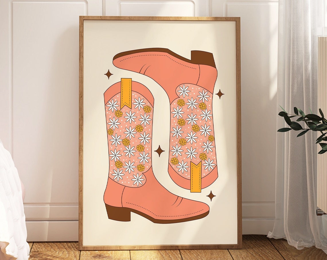 Pink Floral Cowboy Boots Daisy Pattern Western Cowgirl Poster