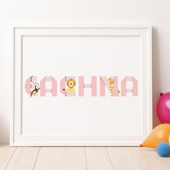 Personalized Safari Name Pink 3D Letters Jungle Animals Poster
