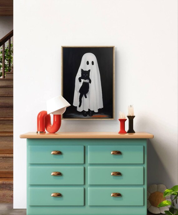 Halloween Black Cat Art Print Spooky Home Decor