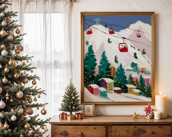 Ski Resort Red Gondolas Snowy Mountain Village Winter Poster