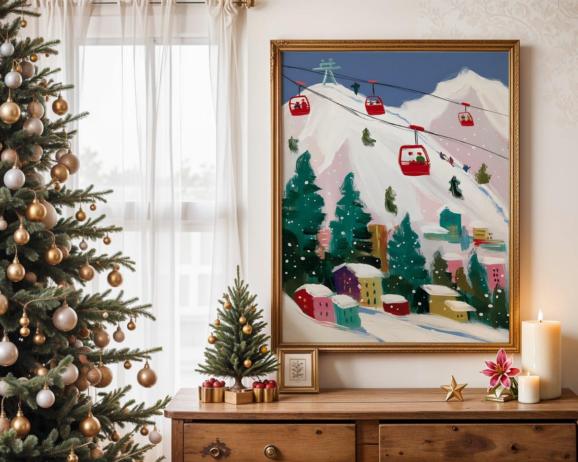 Ski Resort Red Gondolas Snowy Mountain Village Winter Poster