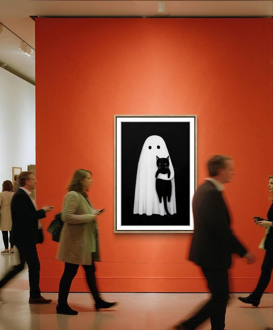 Ghost Hugging Black Cat Gallery Style Spooky Halloween Art Print