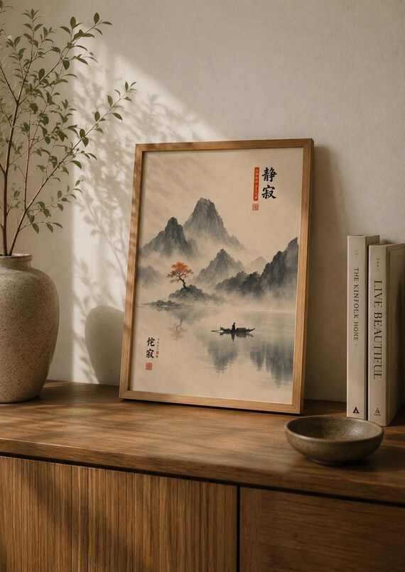 Japanese Zen Wall Art Print Asian Landscape Poster Chinese Ink Painting Japandi Decor Minimalist Mountain Artwork