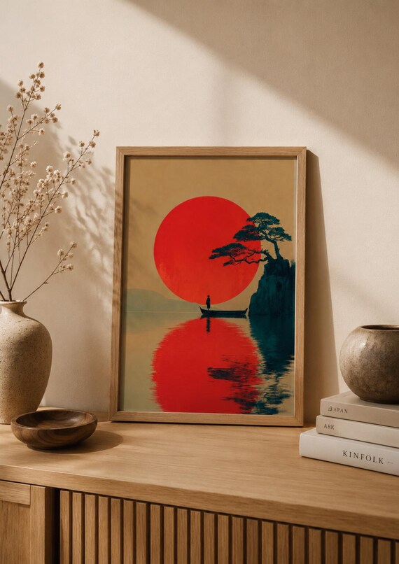 Japanese Sunset Wall Art Print Zen Boat Landscape Poster Red Sun Artwork Asian Inspired Minimalist Decor