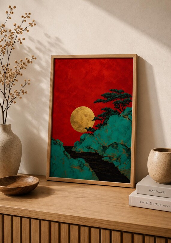 Japanese Red Sun Landscape, Mountain Poster