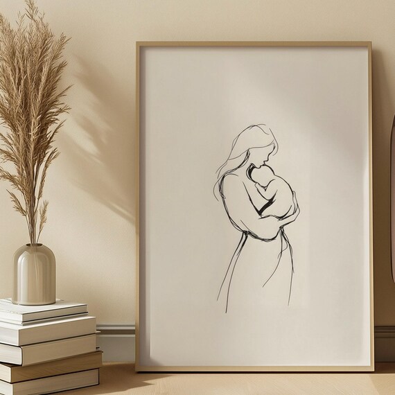 Mother Holding Baby Line Art Emotional Minimalist Wall Print