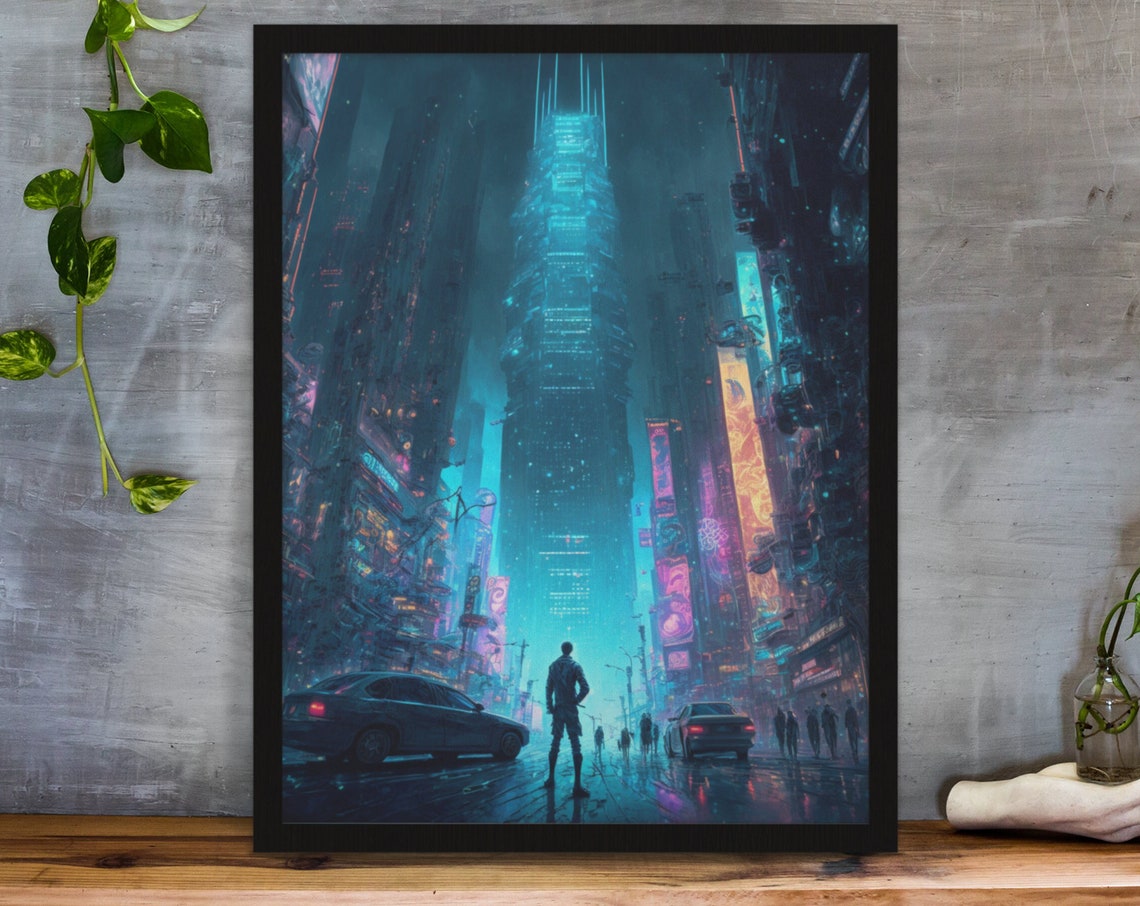 Cyberpunk Neon City Night Tower Futuristic Sci Fi Art Poster