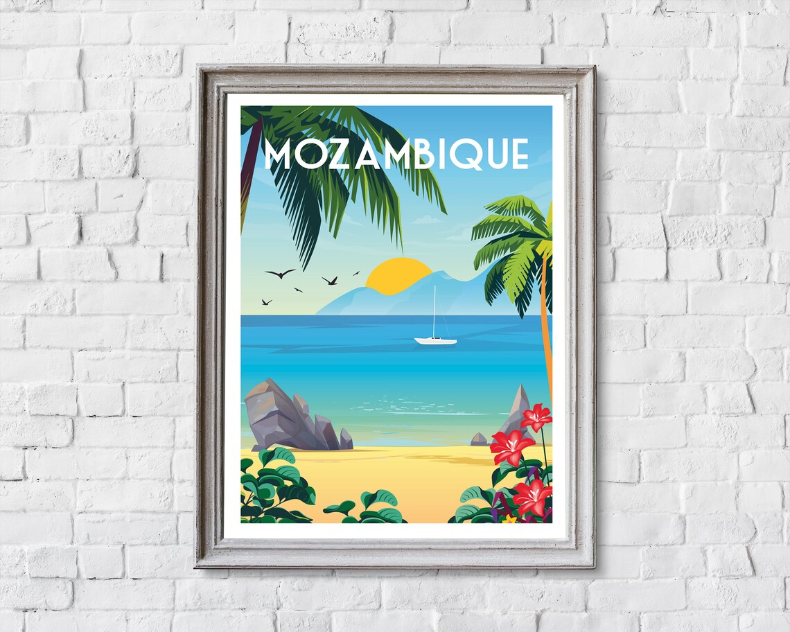 Mozambique Africa Golden Beach Palms Sailboat Sunset Travel Poster - Image 2