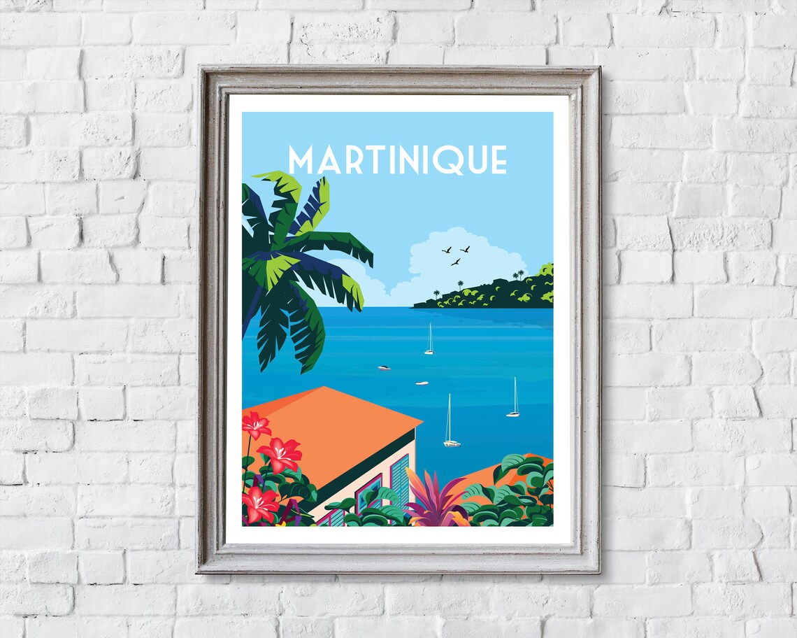 Martinique French Caribbean Bay Sailboats Hibiscus Travel Poster - Image 2