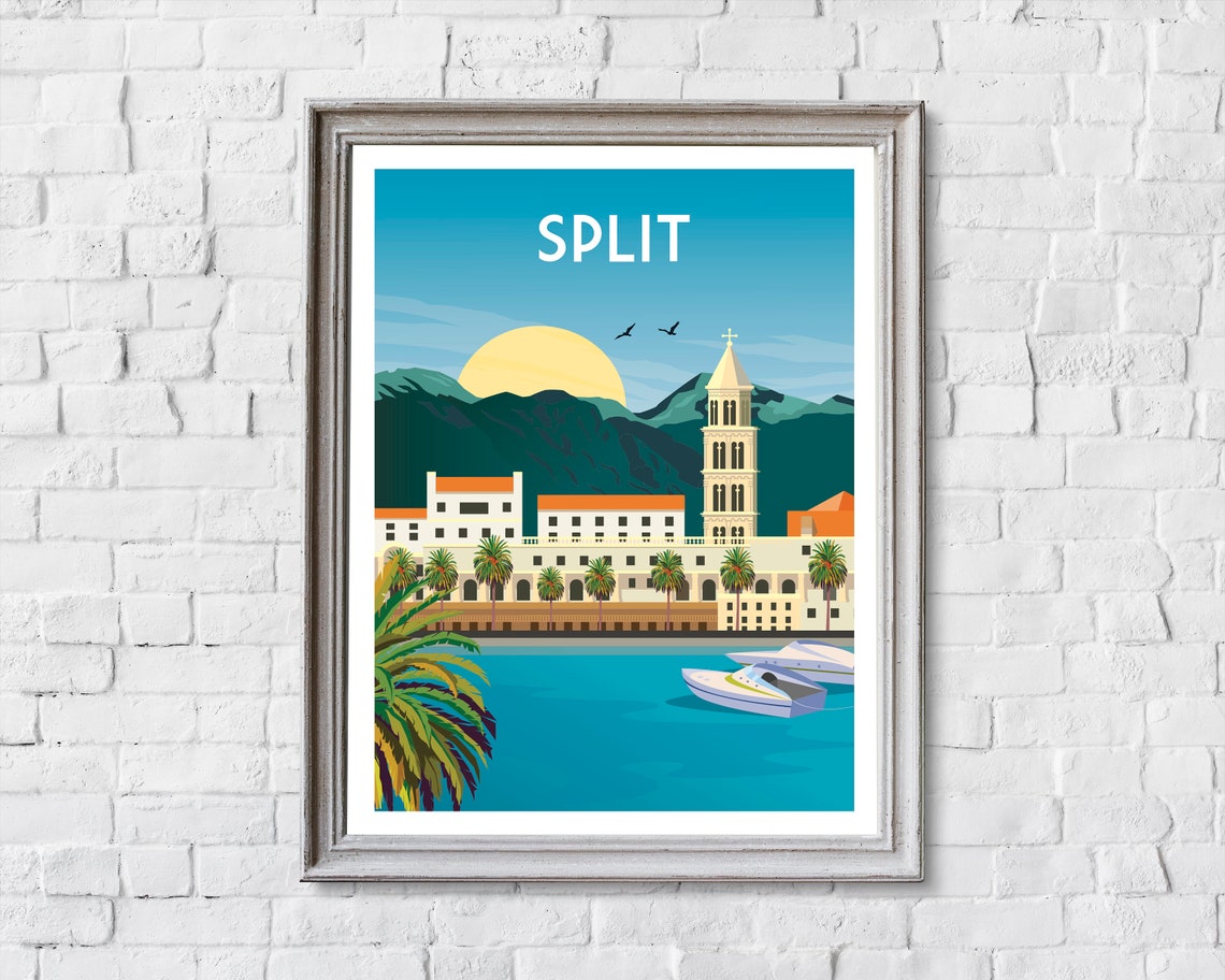Split Croatia Sunset Harbor Bell Tower Palms Retro Travel Poster - Image 2