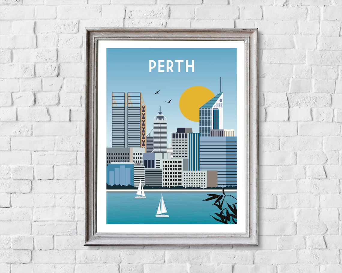 Perth Australia Modern Skyline Sunset Sailboats Travel Poster - Image 2