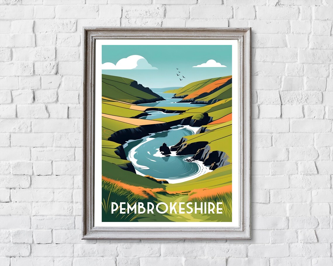 Pembrokeshire Wales Green Sea Cliffs Winding Cove Travel Poster - Image 2
