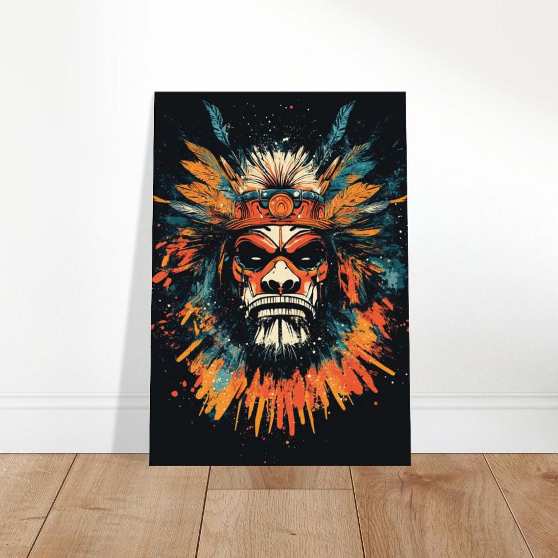 Bold Tribal Chief Mask Feather Headdress Neon Graffiti Art Poster