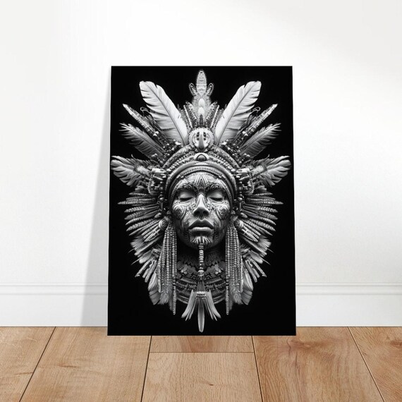Tribal Spirit Feather Headdress Portrait Black White World Cultures Poster