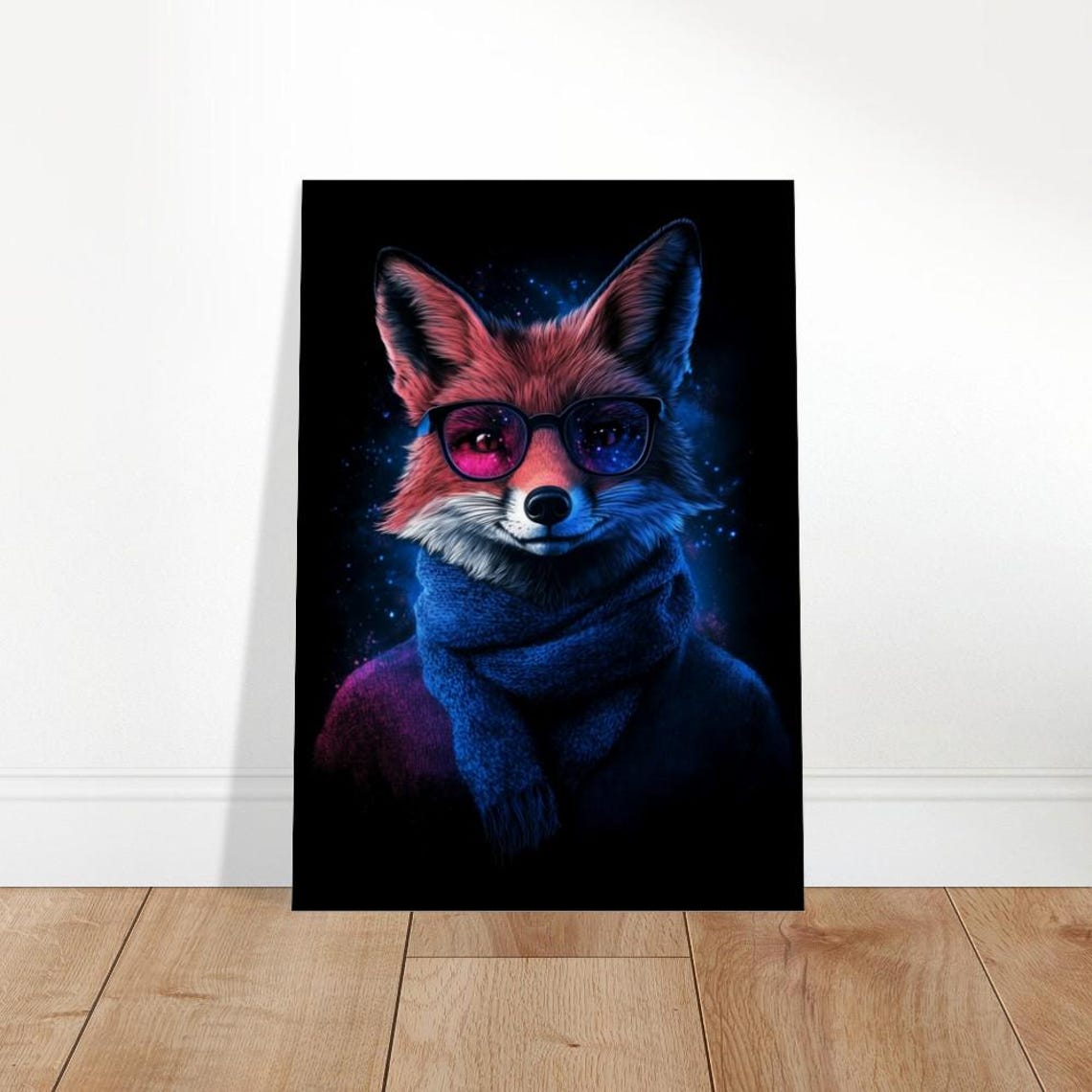 Neon Galaxy Fox Sunglasses Blue Scarf Cosmic Animal Art Poster