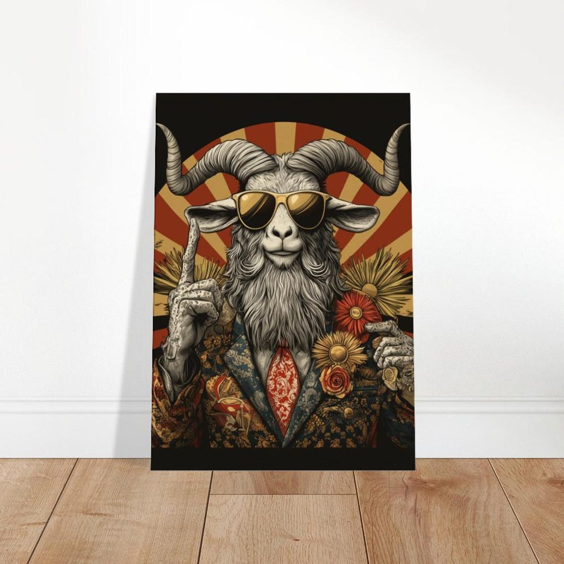 Dapper Goat Patterned Suit Sunglasses Vintage Sunburst Funny Poster