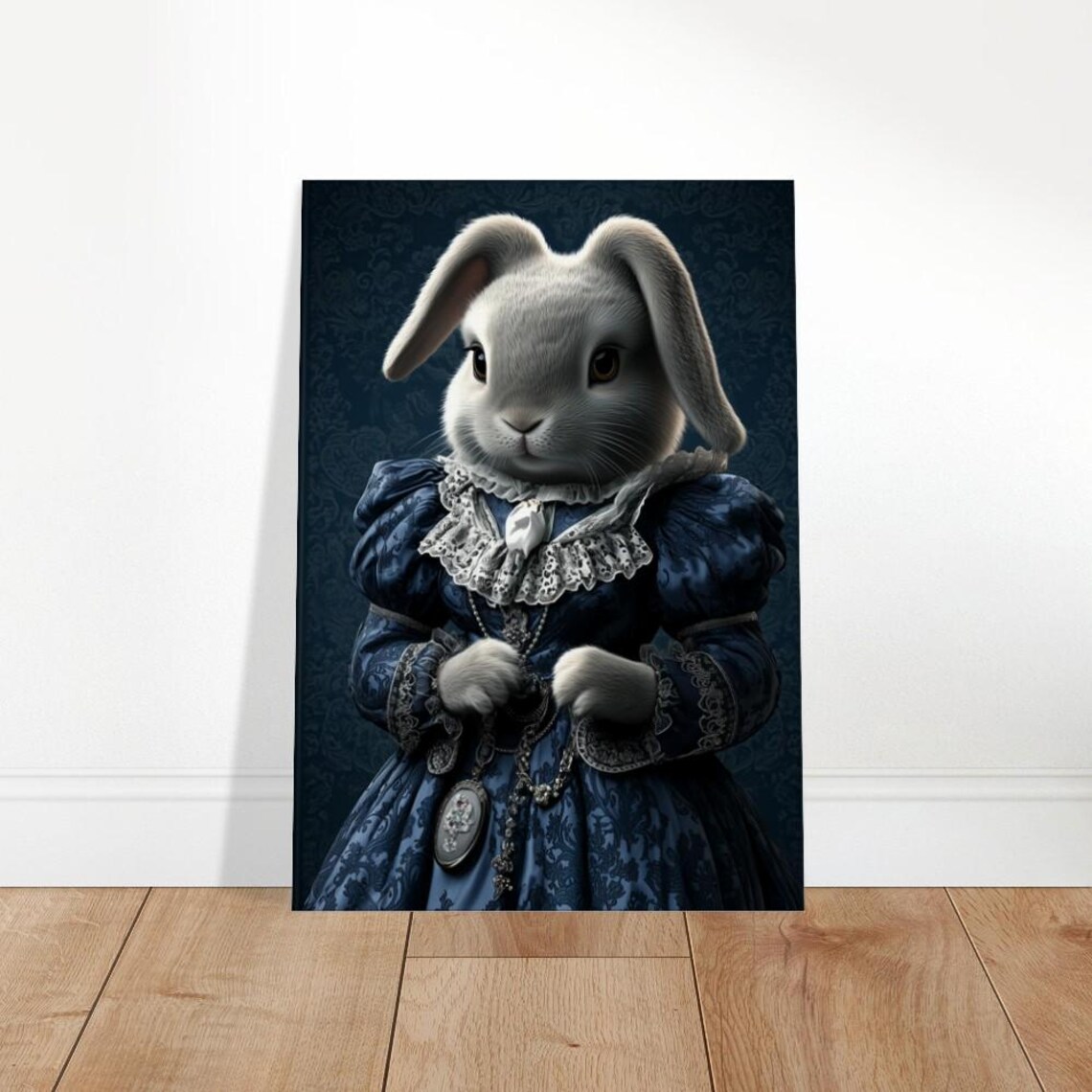 Regal Rabbit Canvas Print Victorian Animal Portrait Elegant Blue Lace Decor