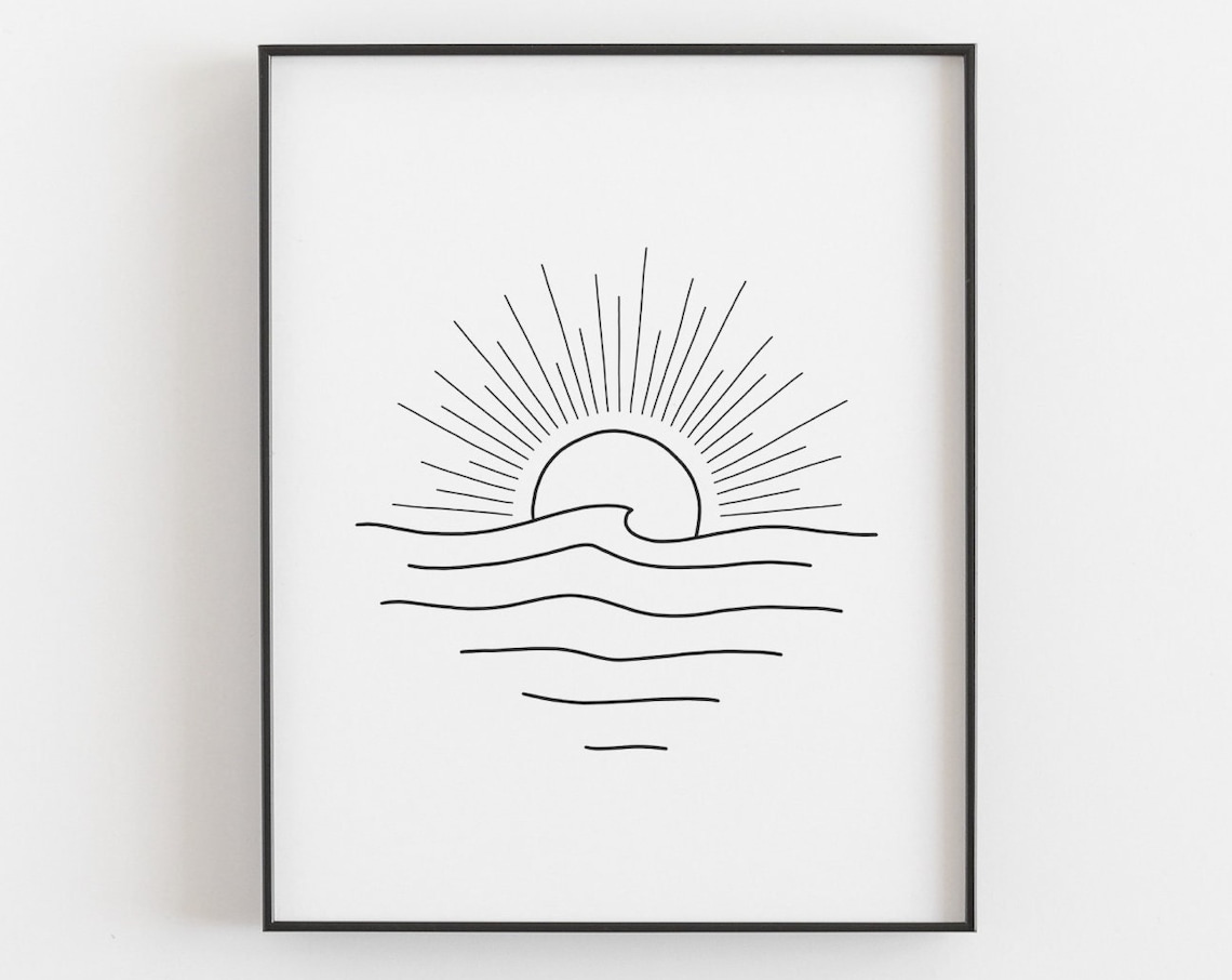 Simple Sunset Surf Wave Line Drawing Art Print